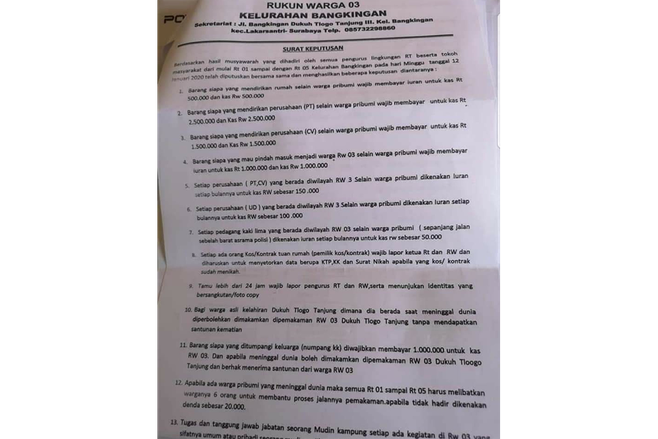 Surat Keputusan Pungutan RW 03 Bangkingan Yang Viral Dipastikan Tidak Berlaku