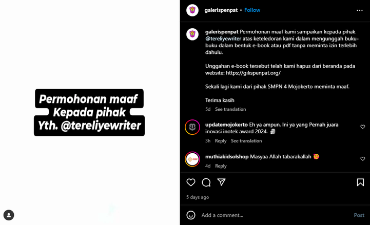 SMPN 4 Kota Mojokerto Minta Maaf dan Hapus EBook Karya Tere Liye dan Penulis Lainnya